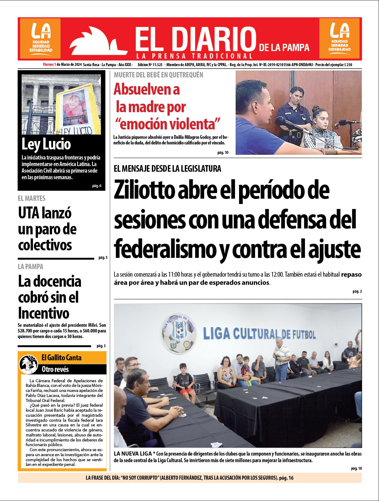 Tapa de El Diario en papel  viernes 01 de marzo de 2024